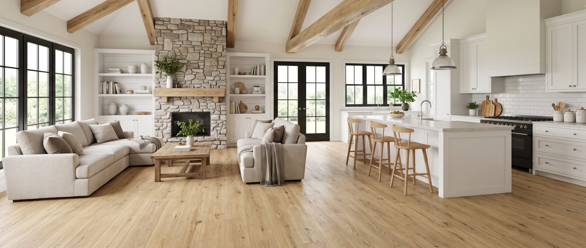 Bright open-plan great room and kitchen with light oak wood-look luxury vinyl plank flooring