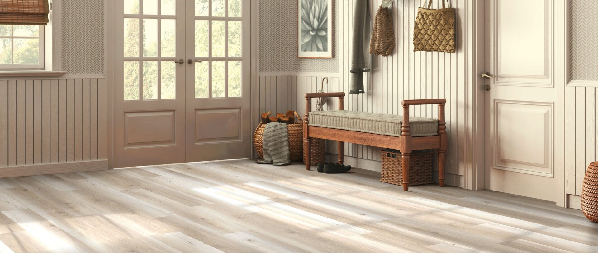 Entryway with a wooden bench and French doors on light Legacy Grove Monterey Cypress laminate flooring