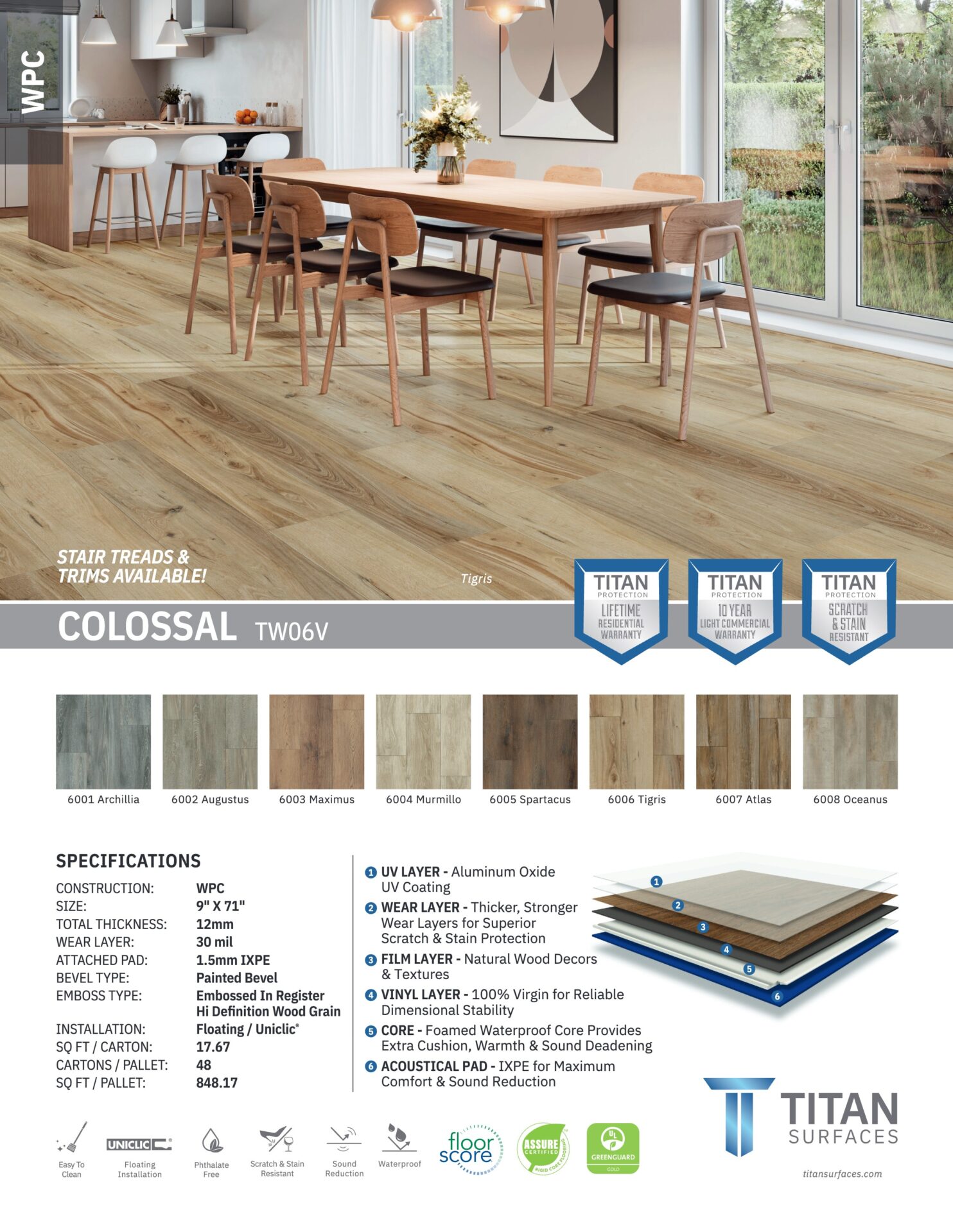 Colossal luxury vinyl plank style sheet showing color swatches, plank construction layers and specifications