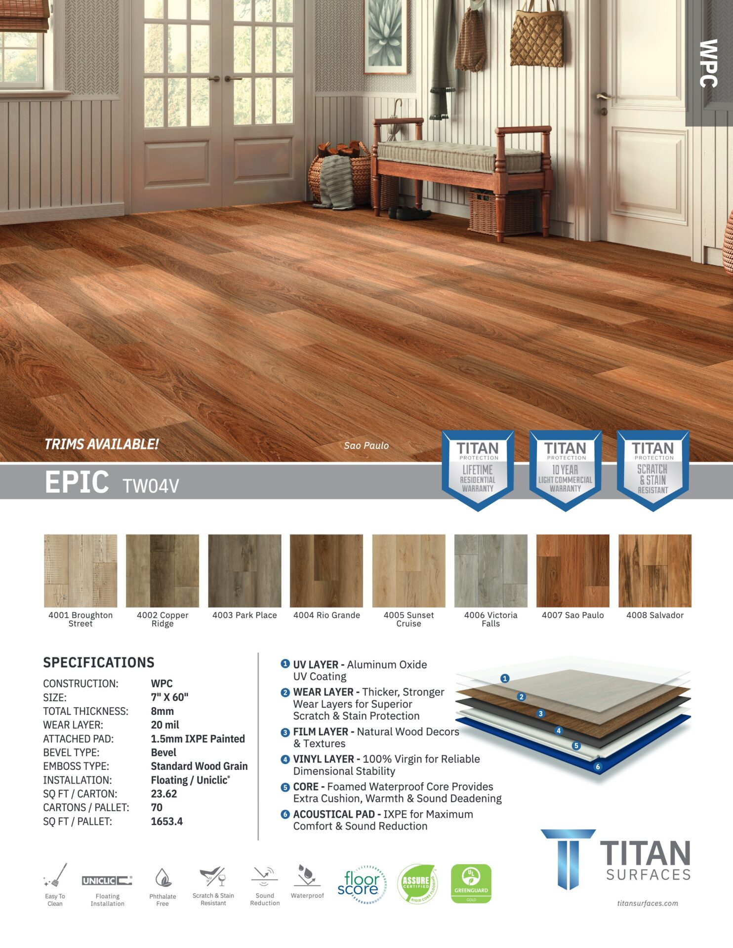 Epic luxury vinyl plank style sheet showing color swatches, plank construction layers and specifications