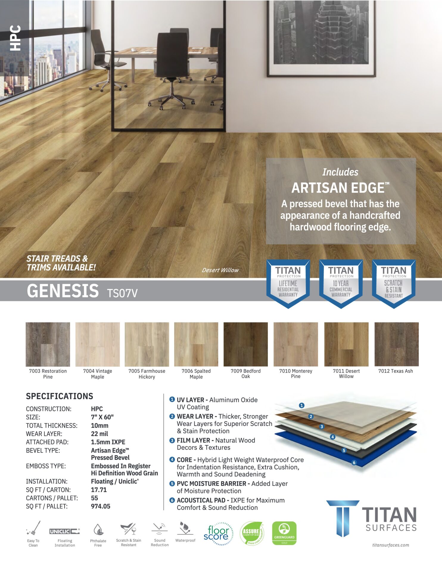 Genesis luxury vinyl plank style sheet showing color swatches, plank construction layers and specifications