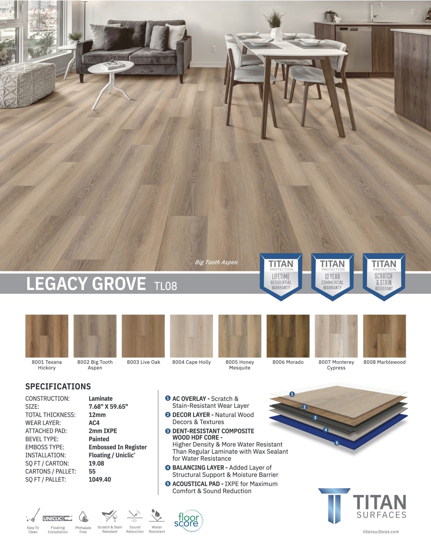 Legacy Grove laminate style sheet showing color swatches, plank construction layers and specifications