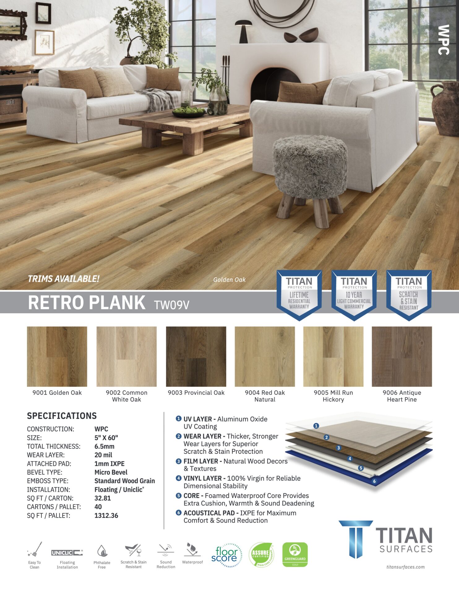 Retro Plank luxury vinyl plank style sheet showing color swatches, plank construction layers and specifications
