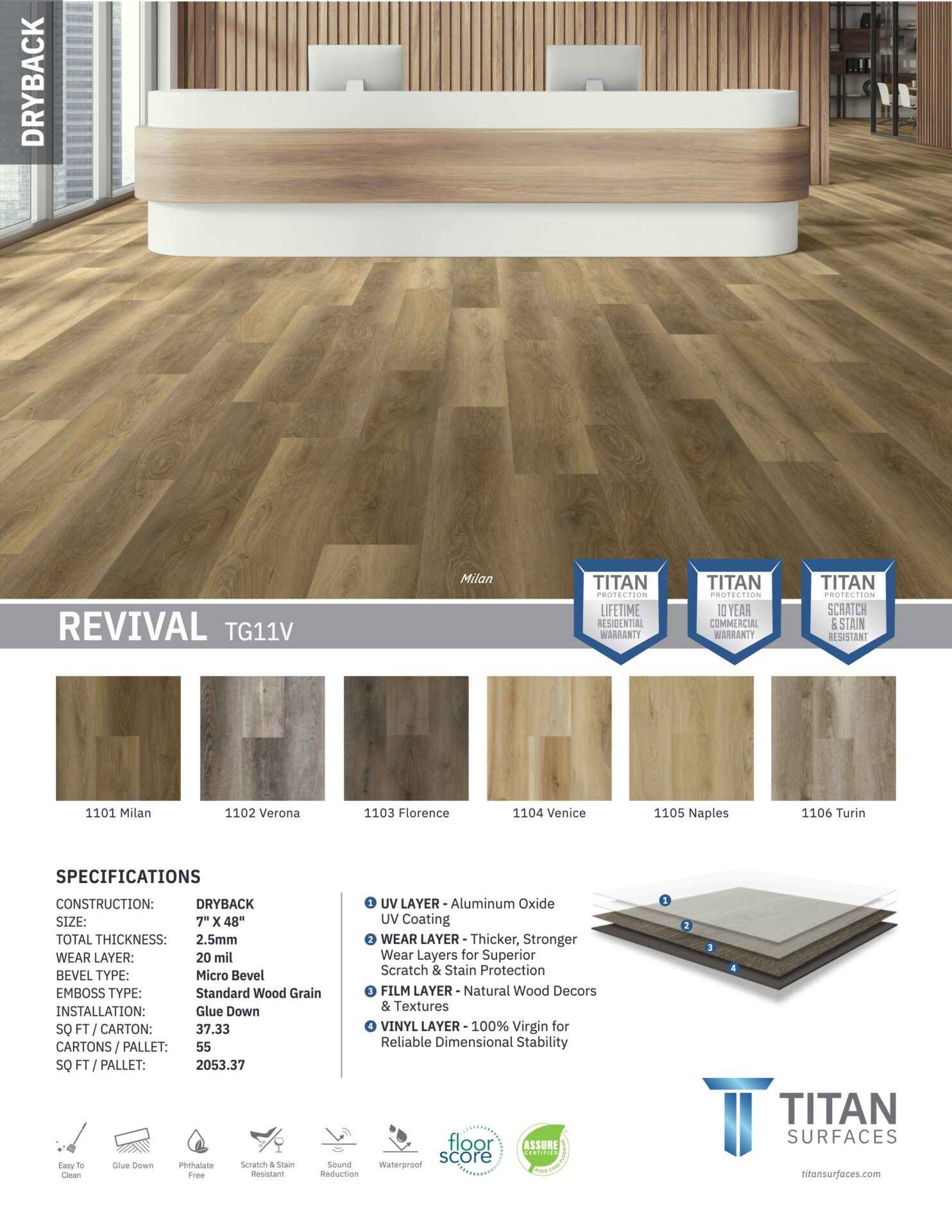 Revival luxury vinyl plank style sheet showing color swatches, plank construction layers and specifications