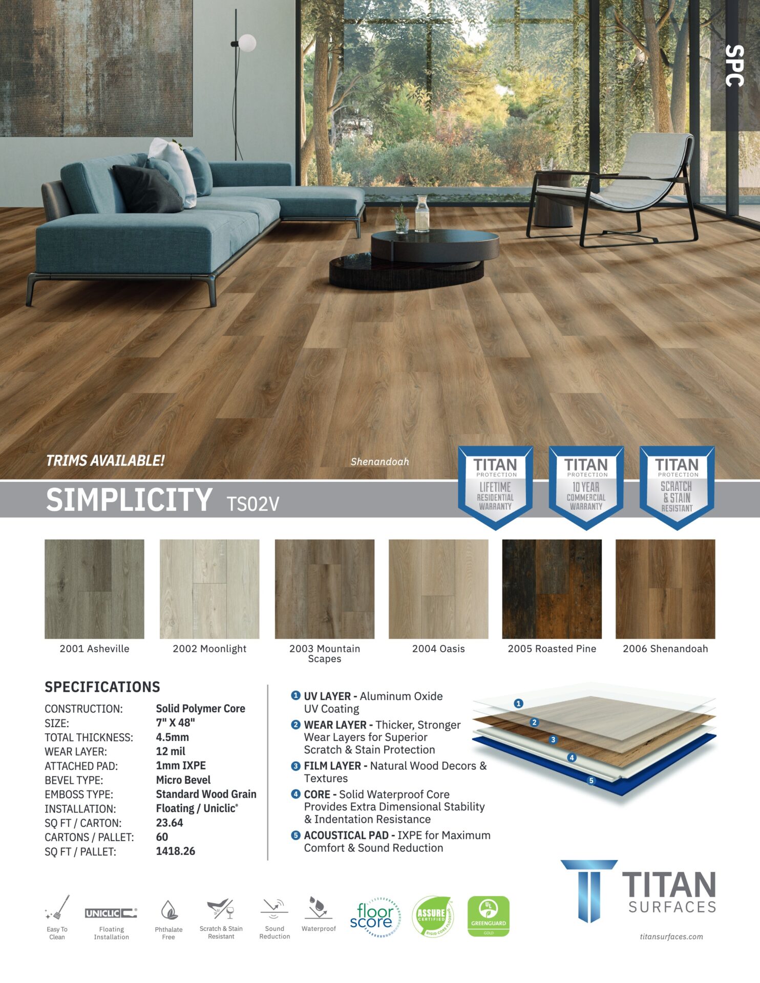 Simplicity luxury vinyl plank style sheet showing color swatches, plank construction layers and specifications